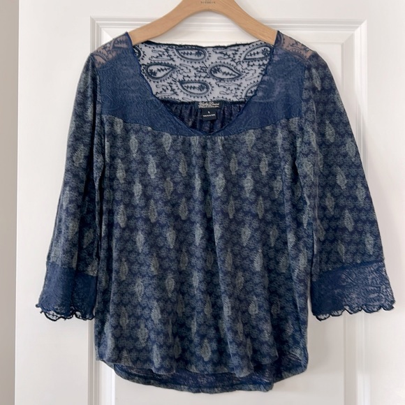 Lucky Brand Peasant Blouse w Sheer Mesh Lace Bodice & Sleeves Navy  & Sage Green - Picture 2 of 10